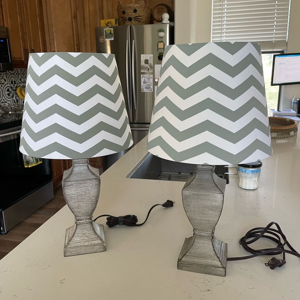 Matching lamp set. Grey and white lamp shades with grey bases.